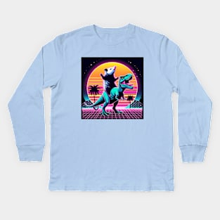 Weird Funny Opossum, Retro Synthwave, Riding T-Rex Dinosaur, Dark Humor Possumcore Kids Long Sleeve T-Shirt